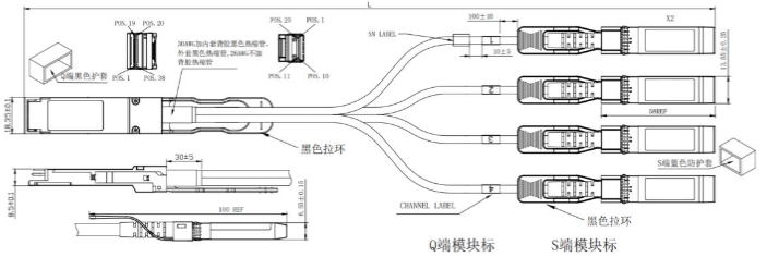 40G QSFP光模块+转4xSFP+高速电缆尺寸图