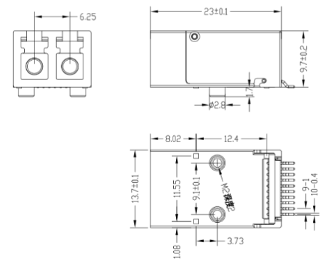 10pin 双纤LC微型USOT光模块封装尺寸图 10pin 双纤LC微型USOT光模块封装尺寸图